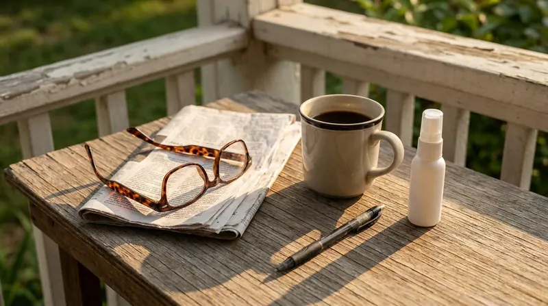 Reading glasses, a folded newspaper, a cup of coffee, a pen and a small white spray bottle on a porch table