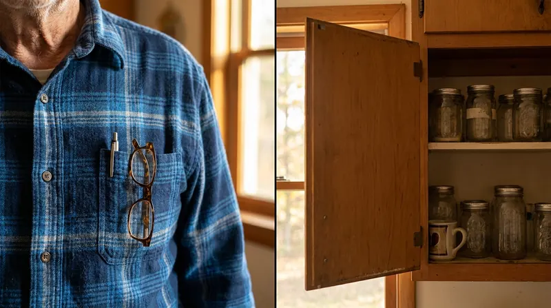Shirt pocket and cabinet shelf, split: a pen and reading glasses clipped in a flannel pocket beside a half-open kitchen cabinet
