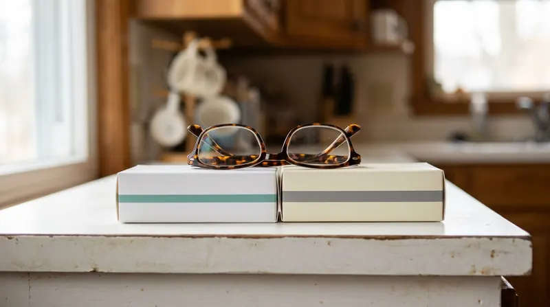 Two plain supplement boxes side by side on a kitchen counter with a pair of reading glasses across them