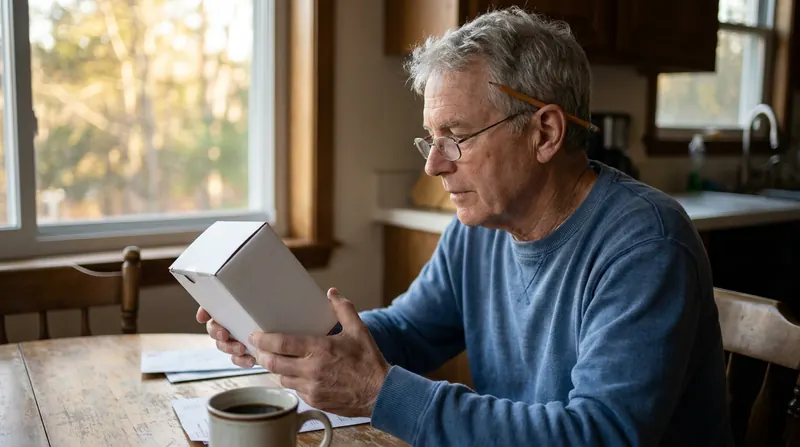 A man in his sixties in profile at a kitchen table reading the side panel of a small white box