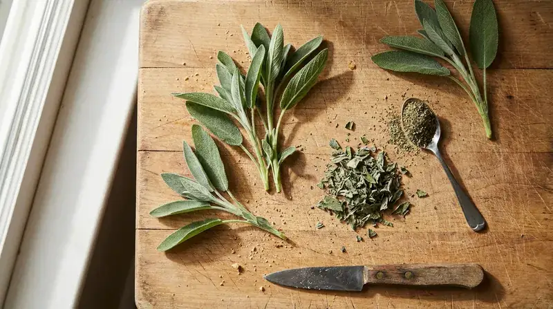 Fresh sage sprigs, crumbled dried sage and a level teaspoon of dried sage on a wooden cutting board