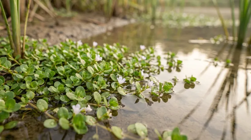 A low creeping bacopa plant with small round leaves and tiny white flowers spreading over shallow water