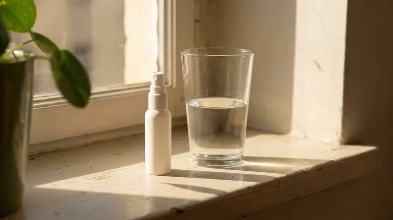 A small white spray bottle beside a glass of water on a sunny windowsill