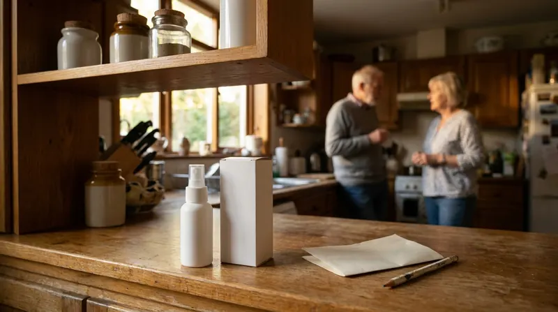 A small white spray bottle beside its unopened box on a kitchen counter below a high shelf
