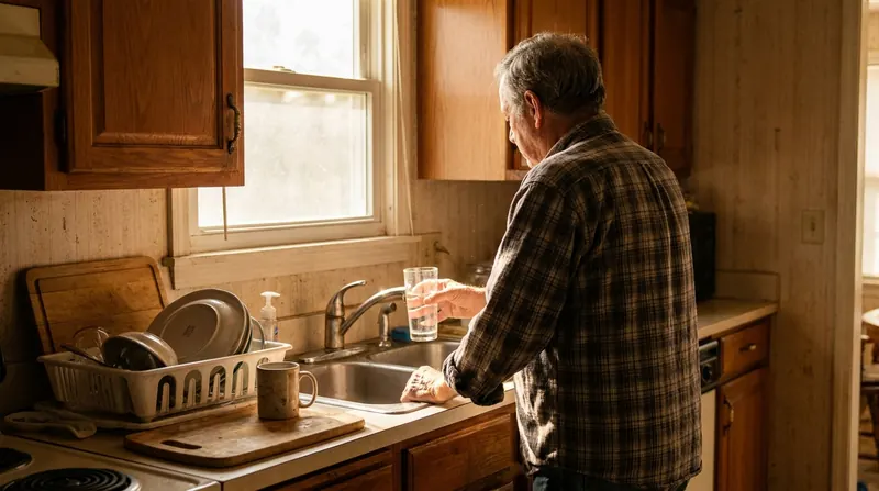 An older man at a kitchen sink holding a glass of water and looking out the window