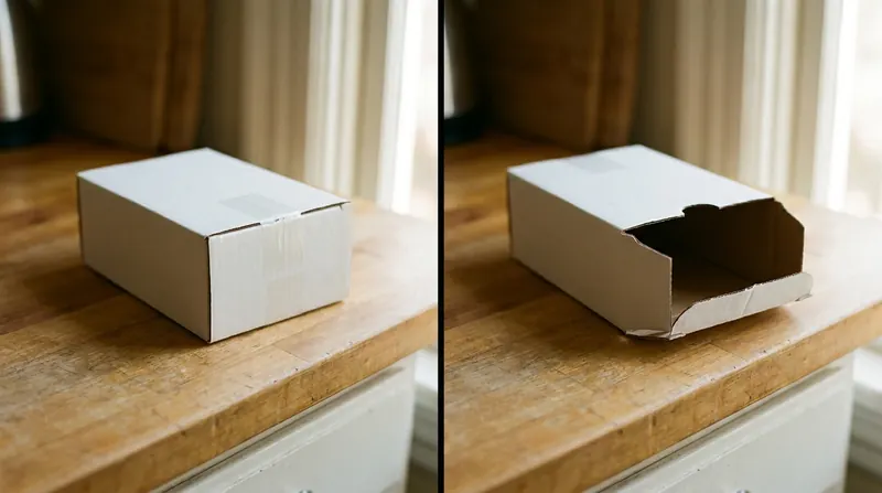 Sealed box on the left and the same small box torn open on the right, side by side on a kitchen counter