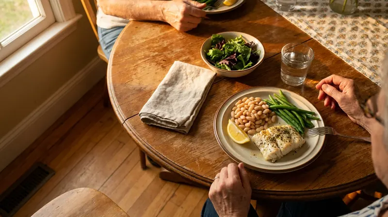 A simple dinner plate of baked fish, white beans and green beans with a salad and a glass of water