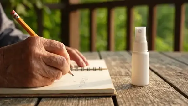 A man's hand writing a short sum in a notebook and underlining it beside a small white spray bottle
