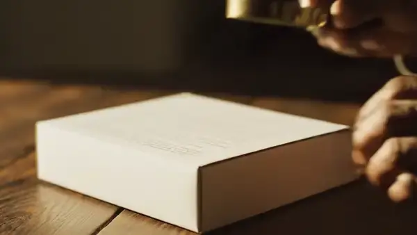 An older man's hand moving a magnifying glass slowly along the side of a small white box
