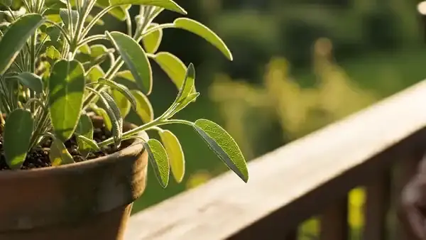 An older man's fingers pinching a single sage leaf from a potted plant on a porch rail