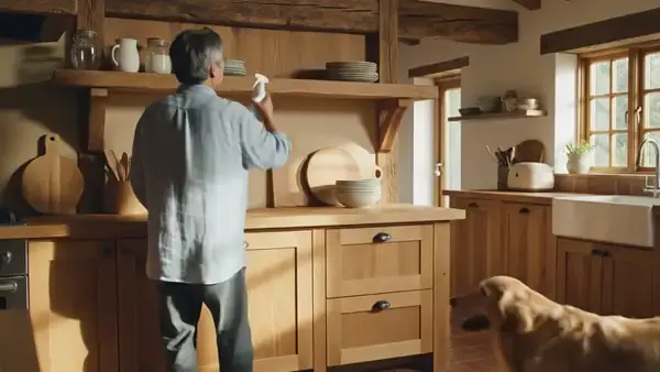 An older man placing a small white spray bottle on a high kitchen shelf while a golden retriever sits and watches