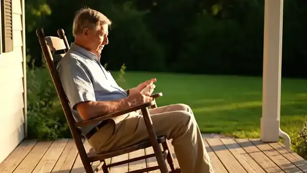 An older man in a rocking chair pressing a small white spray five times, capping it and picking up his newspaper