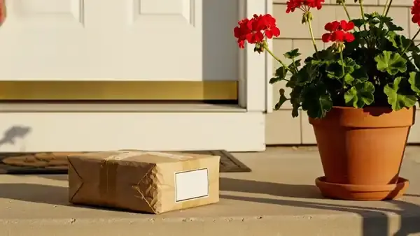 An older man's hands picking up a small brown parcel from a sunny porch step and turning it over