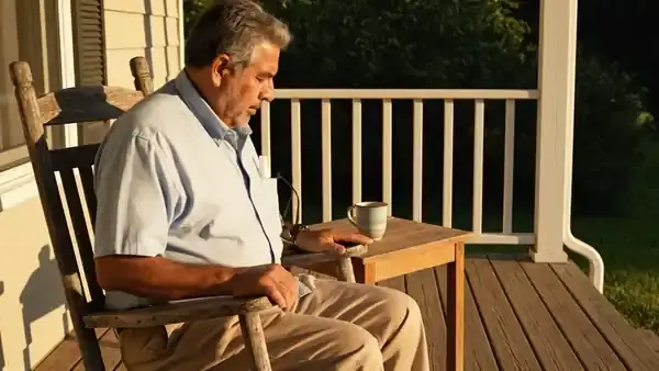 An older man slipping a small white spray bottle into his shirt pocket and leaving a gently rocking porch chair