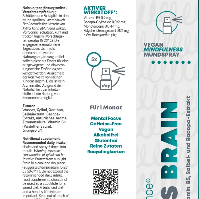 The seller's official unfolded label for Focus Brain, showing its ingredients, amounts per daily dose and cautions